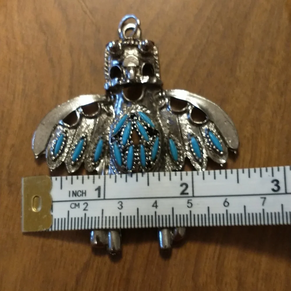 Vintage Southwestern Silver Tone Faux Turquoise Kachina Pendant - Picture 7 of 7